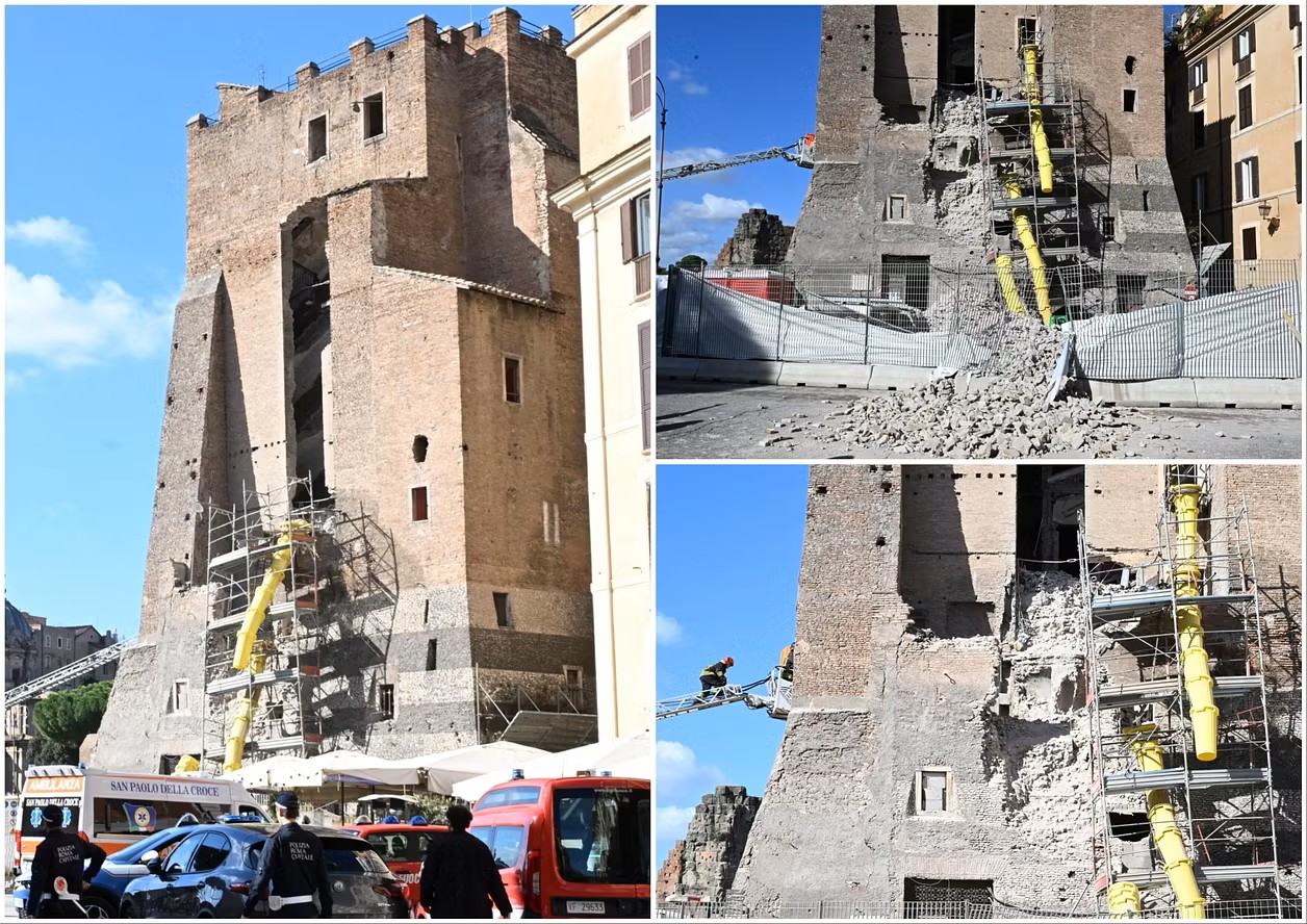 Crolla parte della Torre dei Conti: 4 feriti, uno estratto vivo dalle macerie